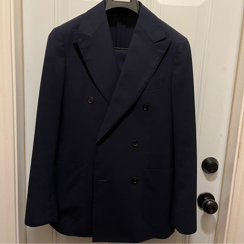 Suit Supply Navy Double Breasted Traveller Suit